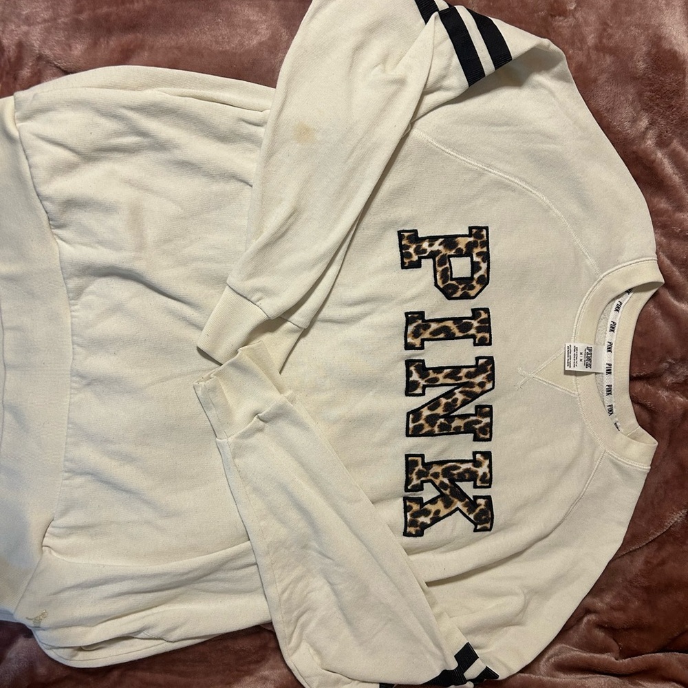 PINK Victoria's Secret Cream Crewneck Sweatshirt with Leopard Logo